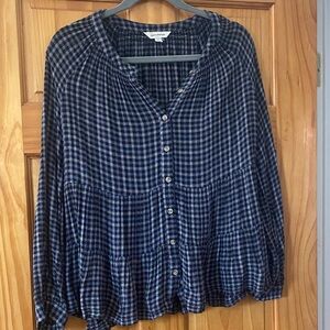Lucky Brand Navy Plaid Tiered Babydoll Blouse Button Front Flowy Top S